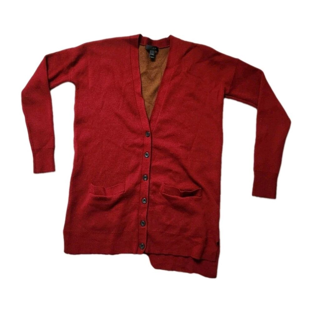J Crew Merino Wool Blend Long Cardigan Double Knit Sweater XXS Burgundy GUC